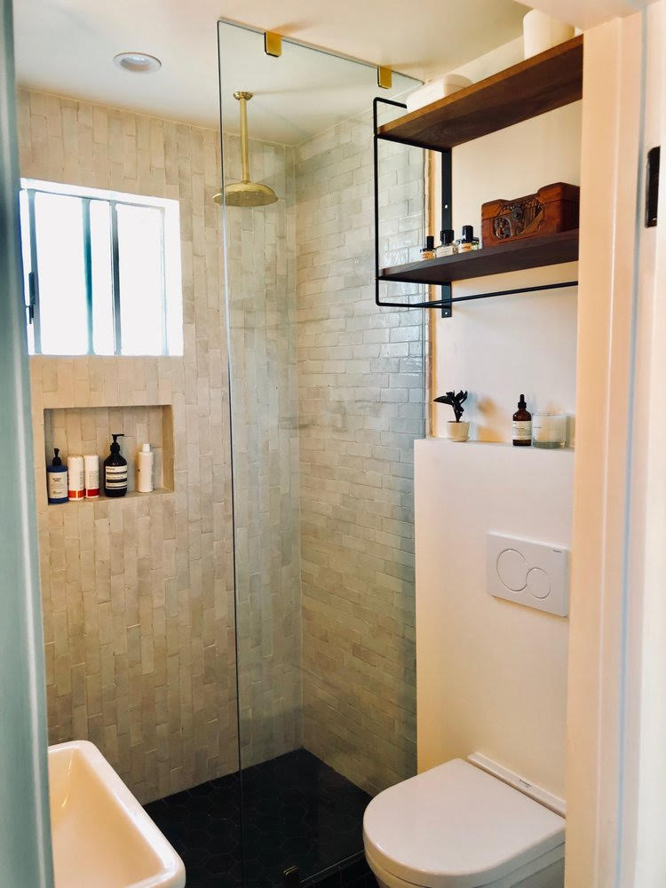 wall toilet with shelf, rain shower, custom glass for bathroom remodeling
